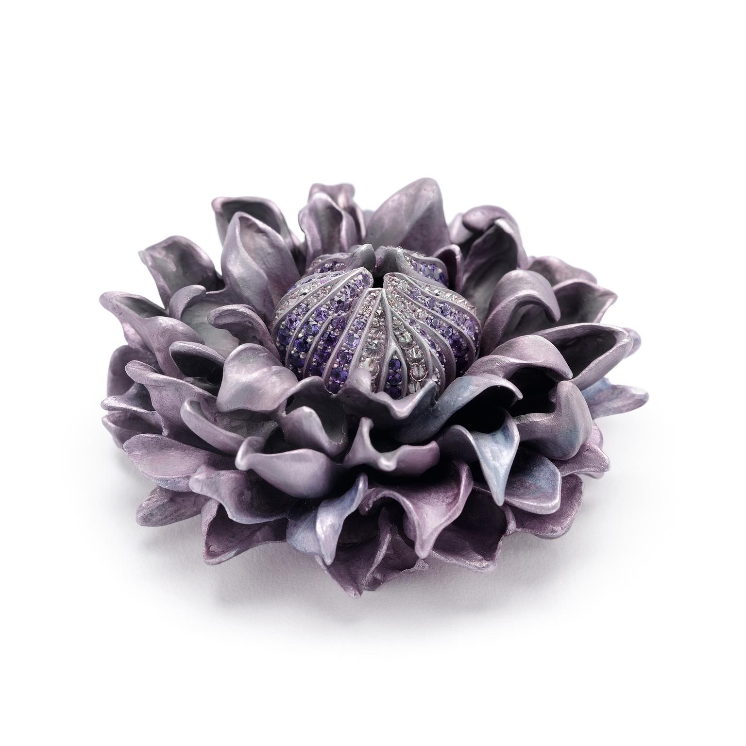 Hemmerle sapphire aluminium flower brooch