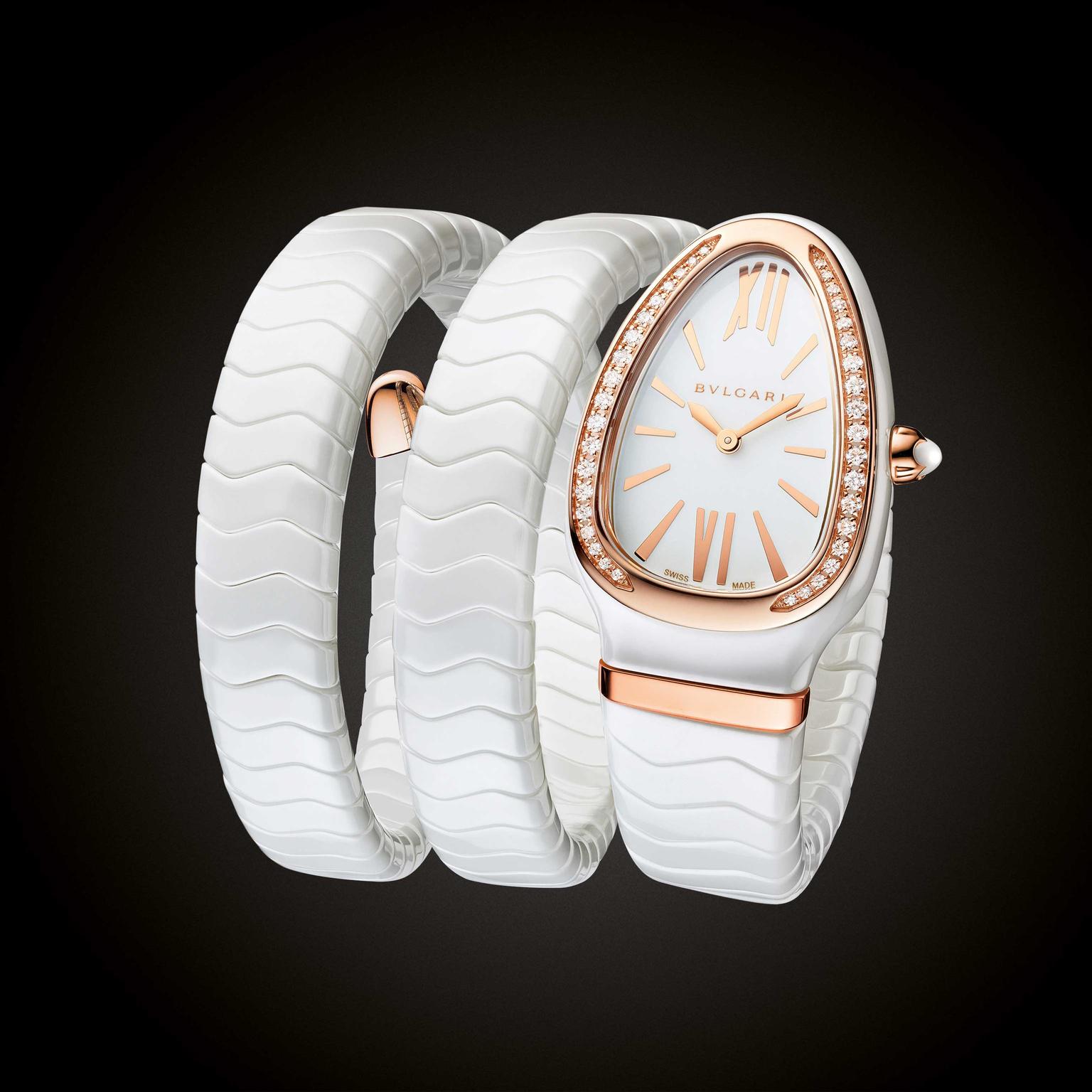 Bulgari’s Serpenti Spiga Ceramica double coil white ceramic ladies watch