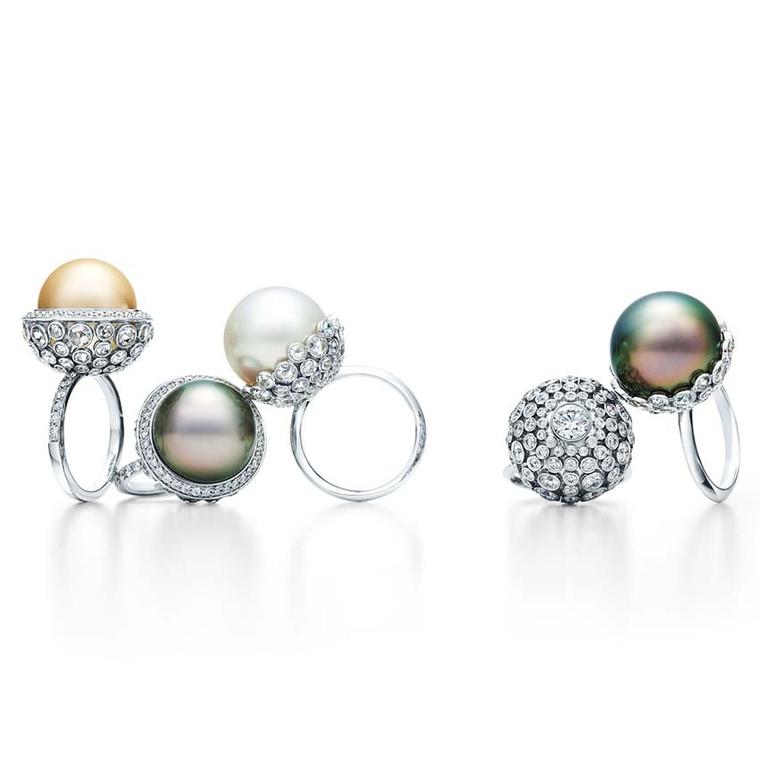 Tiffany pearl rings from the 2015 Blue Book collection, set with cultured white South Sea and Tahitian pearls with rose-cut and round diamonds in platinum.