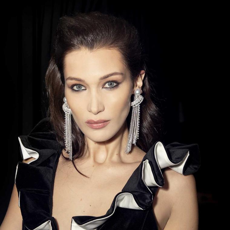 Bella Hadid in Tasaki pearl earrings