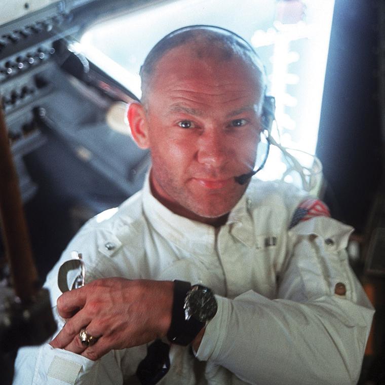 Buzz Aldrin pictured in July 1969 wearing his Omega Speedmaster watch