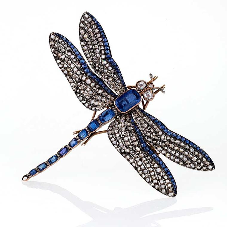 Macklowe Gallery oxidised silver and gold dragonfly brooch with diamonds and sapphires