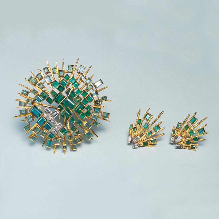 John Donald emerald and diamond brooch and earrings