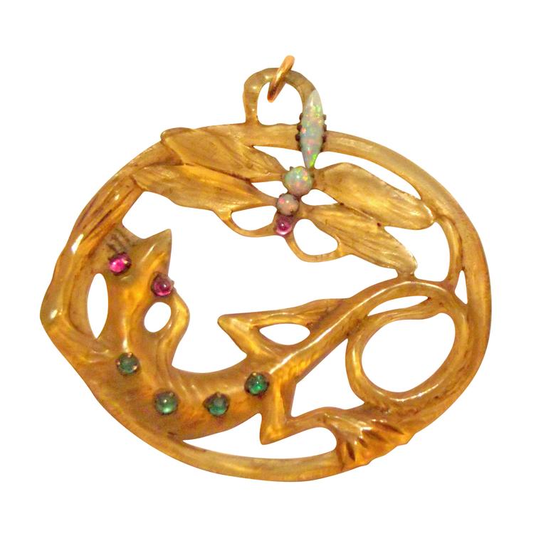 Kenley Halls Art Nouveau carved horn dragonfly pendant