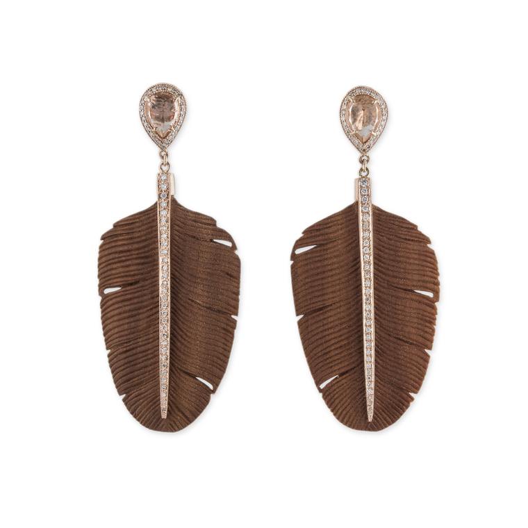 Carved rosewood Feather earrings by Jacquie Aiche