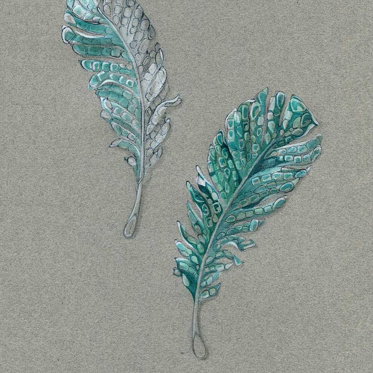 Cindy Chao Black Label Masterpiece emerald feather brooches  early sketch
