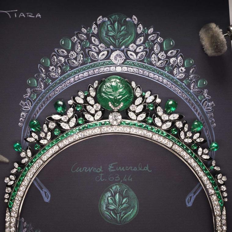 Sketch of The Bulgari Emerald Garden tiara in design studio