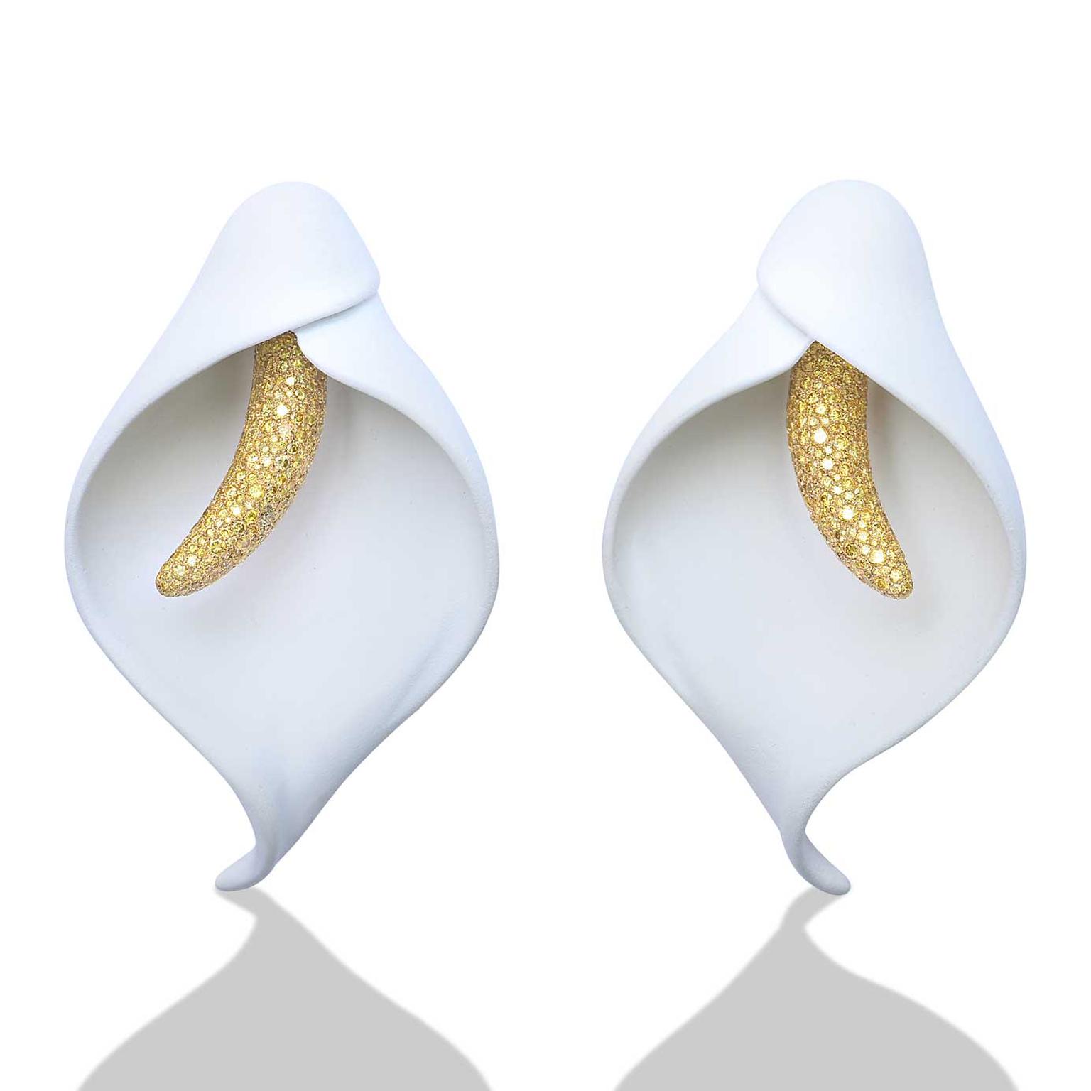 Emmanuel Tarpin white arum lily flower earrings