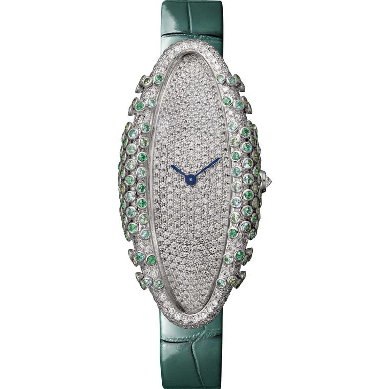 Cartier Libre Baignoire Allongée Céladon watch with Paraiba tourmalines emeralds and diamonds 2019
