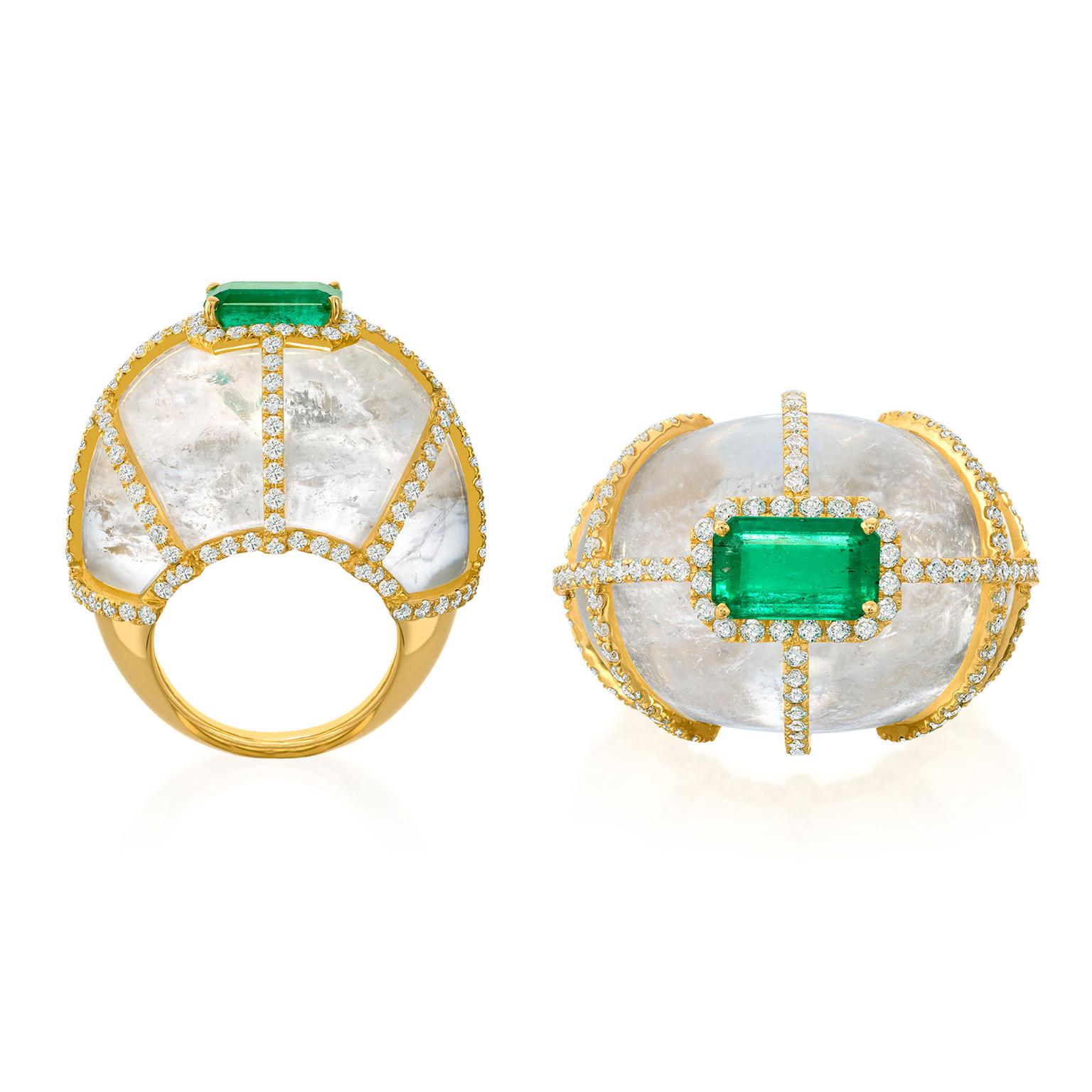 Amsterdam Sauer Illusion emerald ring with white quartz and diamonds