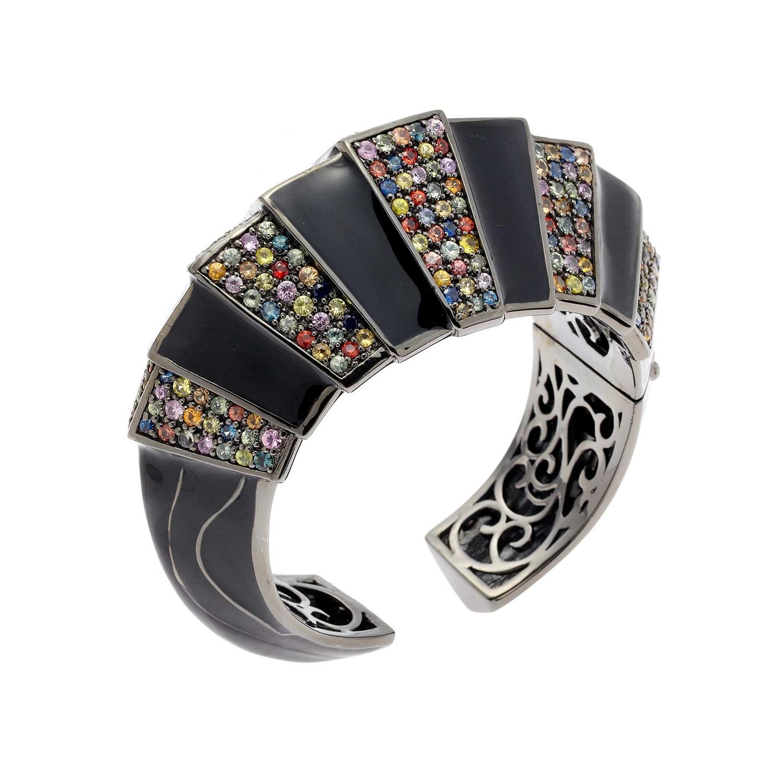 Matthew Campbell Laurenza Primordial silver cuff in black enamel, and sapphires in black rhodium
