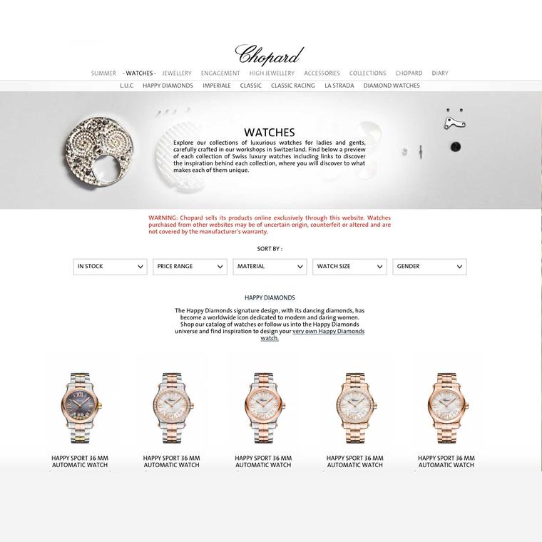 Chopard E-boutique watches landing page