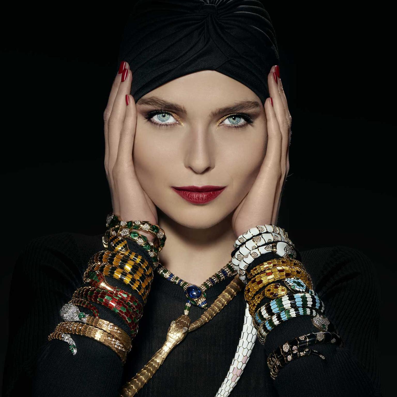 Bulgari Serpenti 75 anniversary model wearing Serpenti bracelets