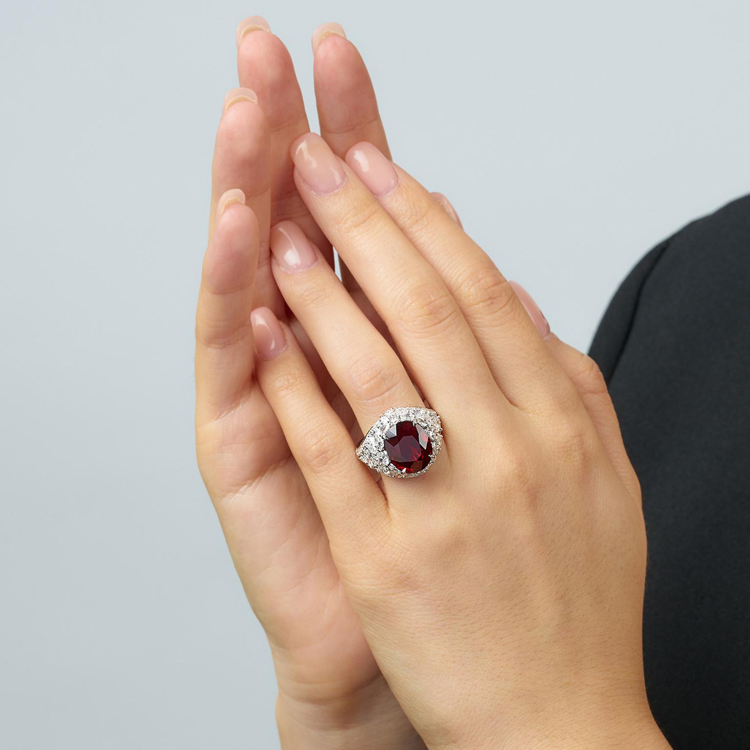 Lot 588 Ruby and diamonds ring Phillips auction on model