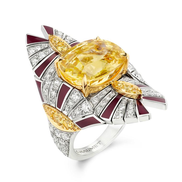 Chaumet Terres d’Or ring with yellow sapphires red lacquer and diamonds.