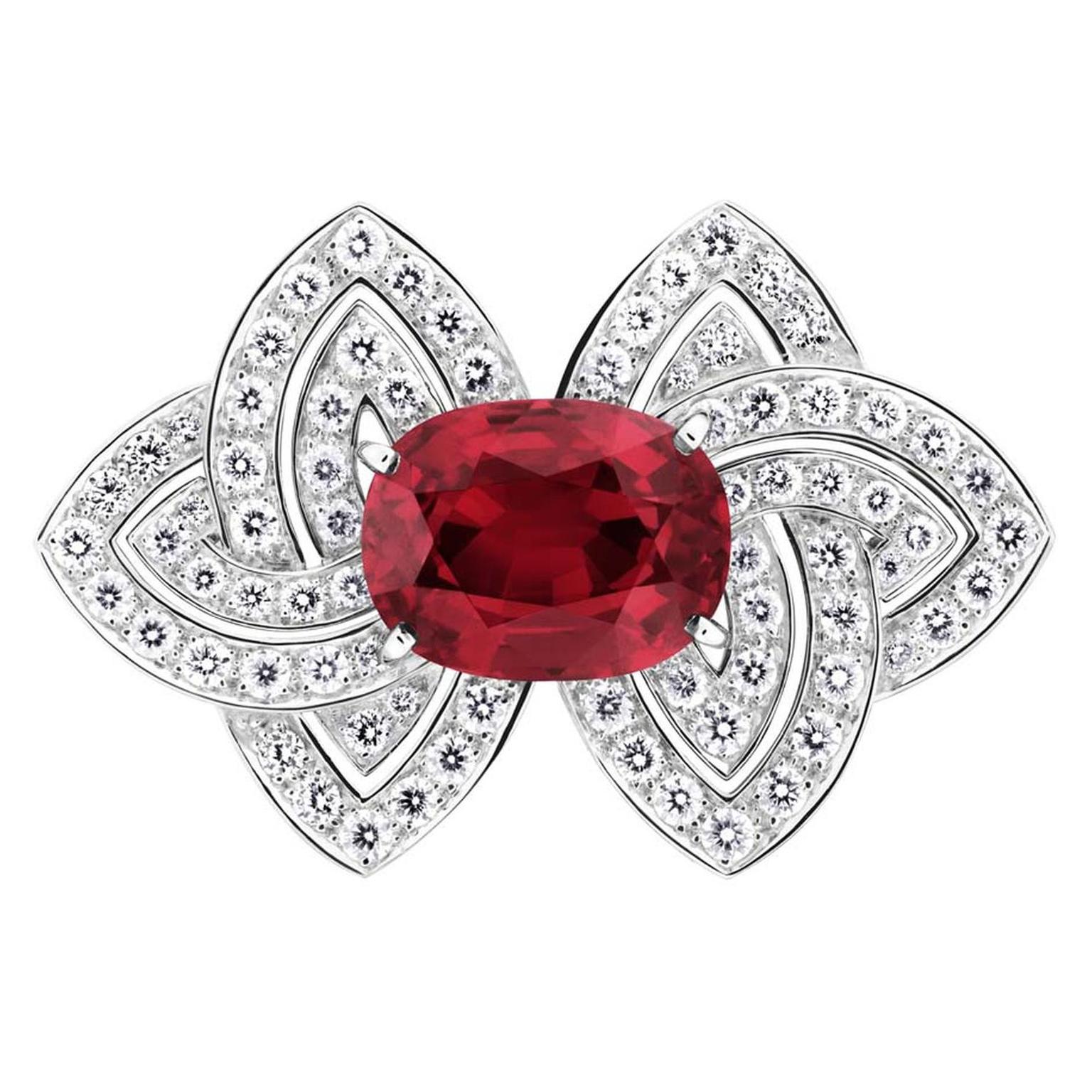 Louis Vuitton high jewellery ring featuring a centrally set African ruby, flanked by diamonds.