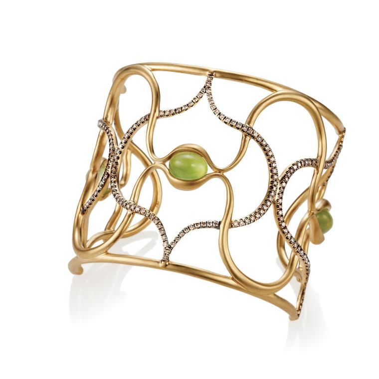 Gold cuff with prehnite cabochons