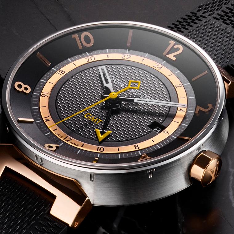 Louis Vuitton Tambour Moon GMT Black watch in steel and pink gold