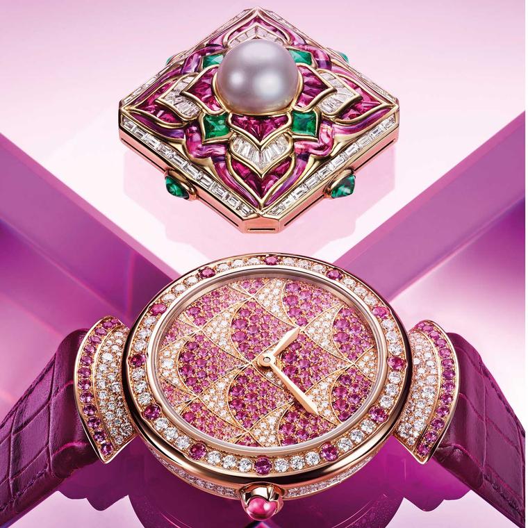 Bulgari Divas Dream Mosaica pink sapphire watch with vintage brooch