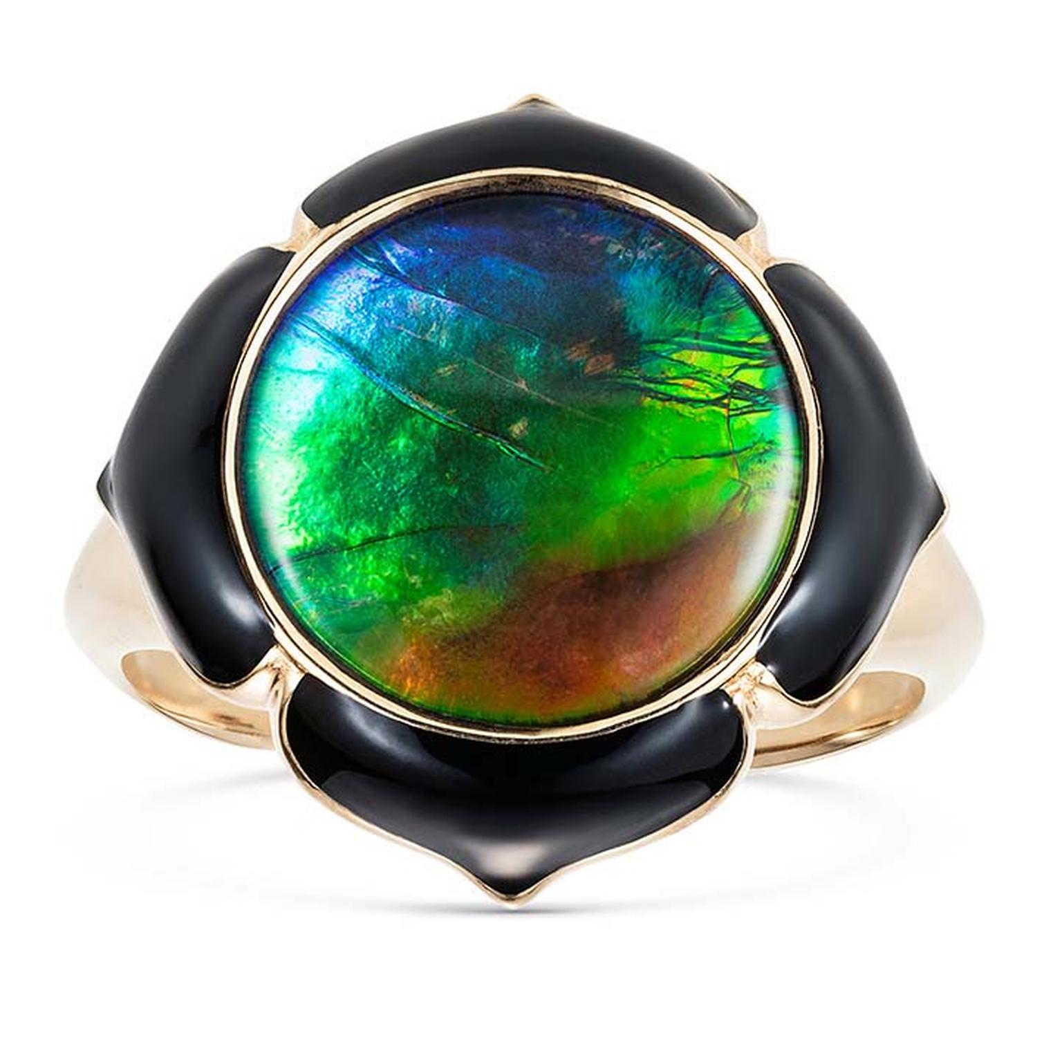 Noor Fares Prana Muladahara ammolite, ruby and black enamel pinkie ring in gold