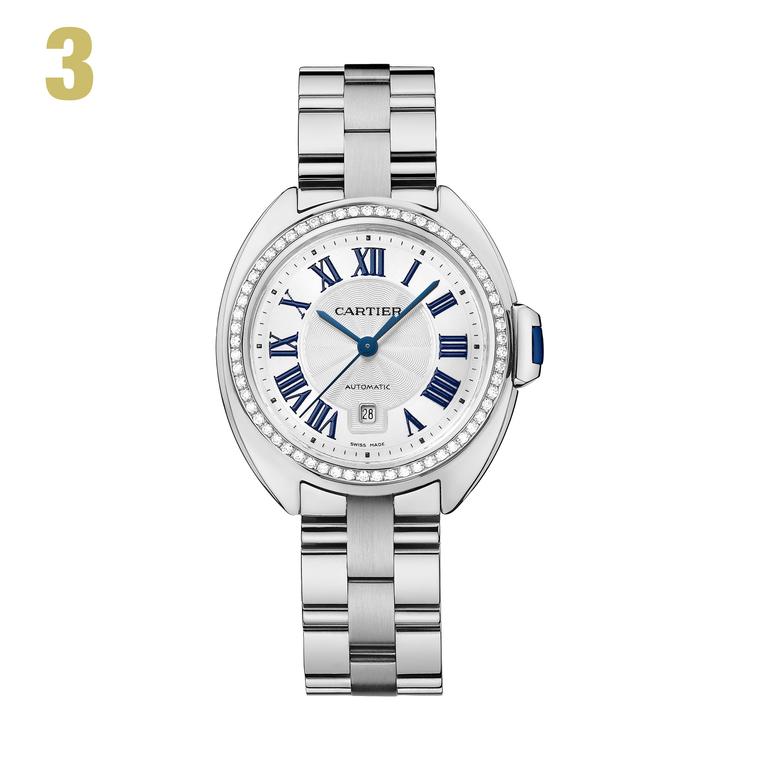 3 Cle de Cartier watch with sapphire cabochon crown and diamond-set bezel