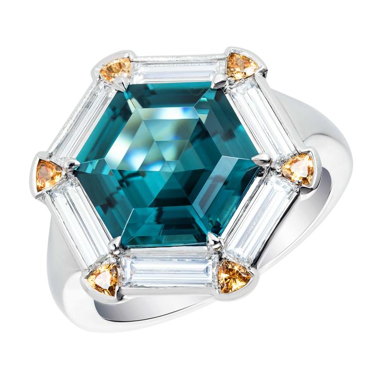 Keystone tourmaline garnet and diamond ring