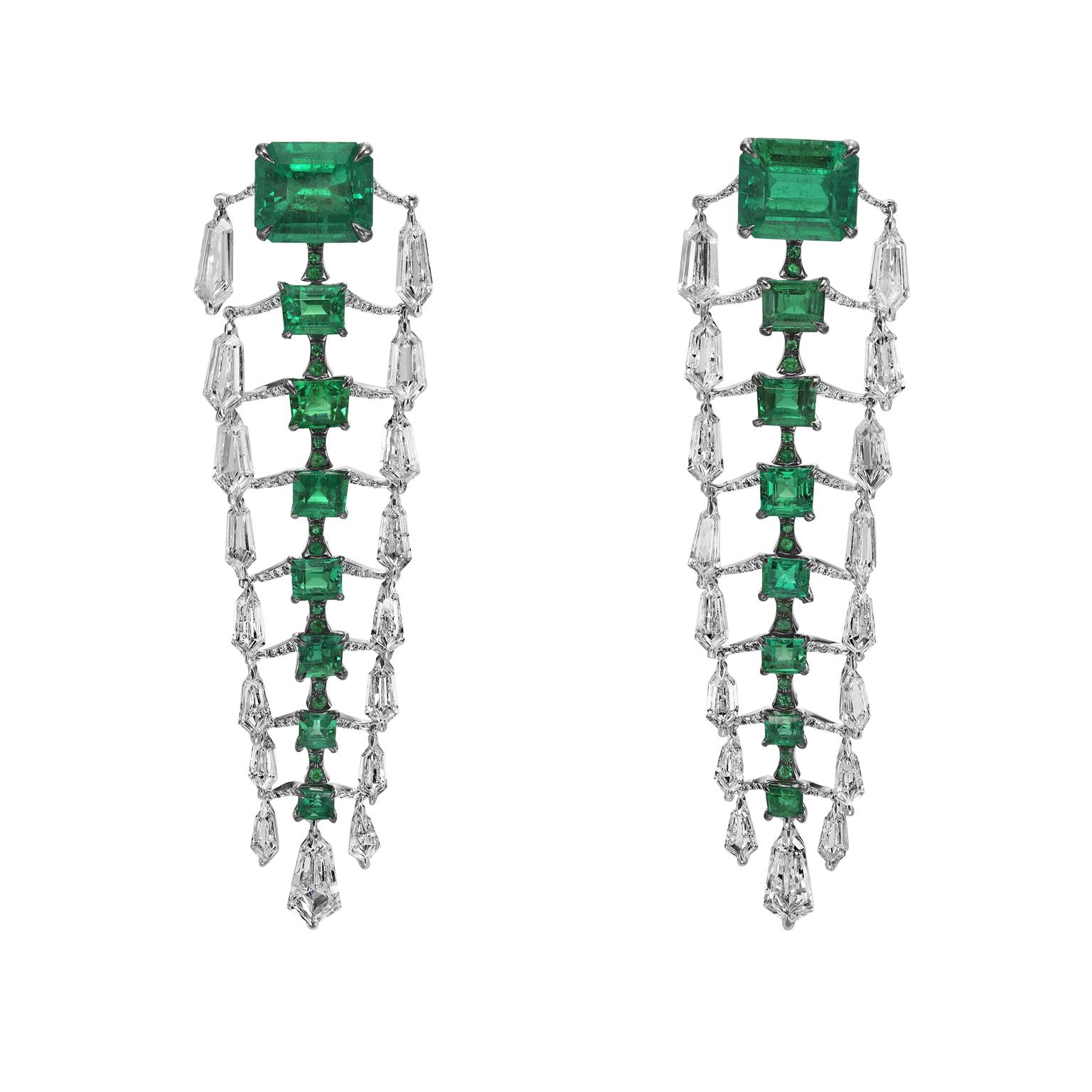 Boghossian diamond and emerald drop earrings