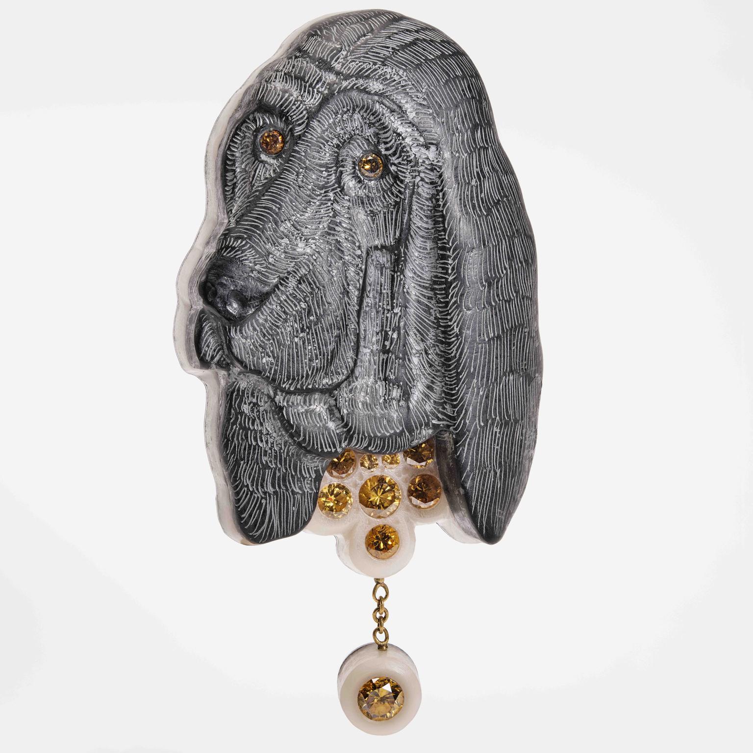 Daniel_BrushLa_Menagerie_Magnetique_Basset_Hound_2007Plastic_resin_colored_diamonds_ink_steel_gold_magnet