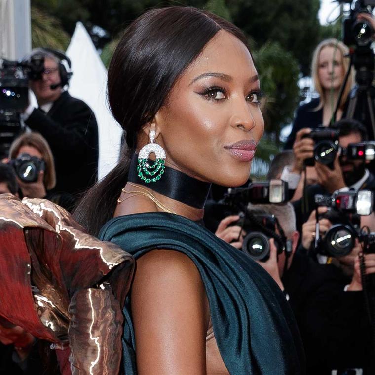 Naomi Campbell in De Grisogono emerald earrings on Cannes Red Carpet 2018