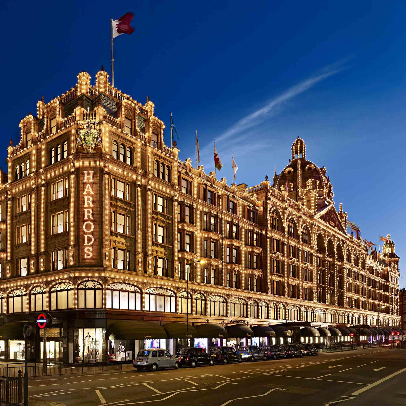 Harrods London exterior shot at night