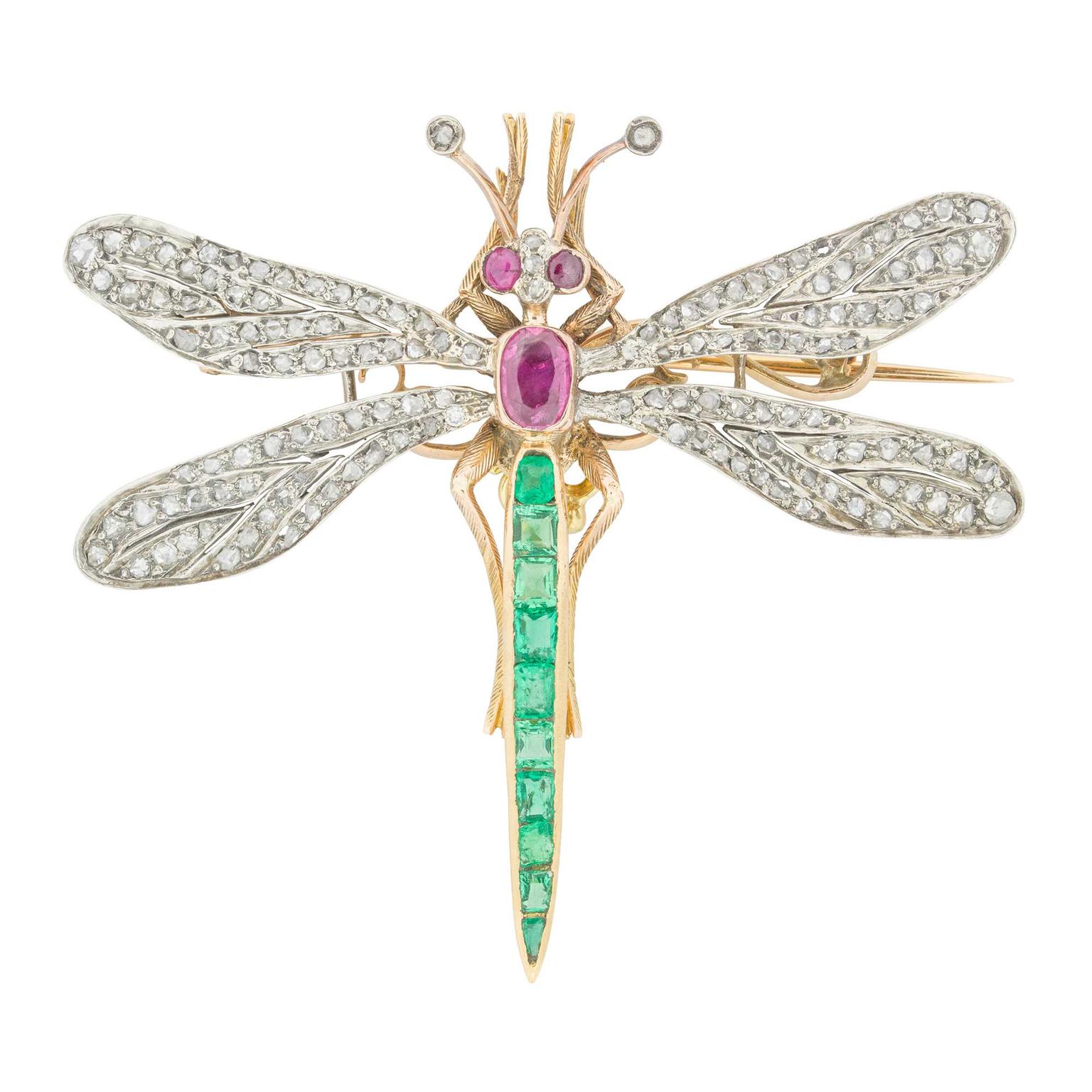 Bentley & Skinner emerald, ruby and rose-cut diamond Victorian dragonfly brooch