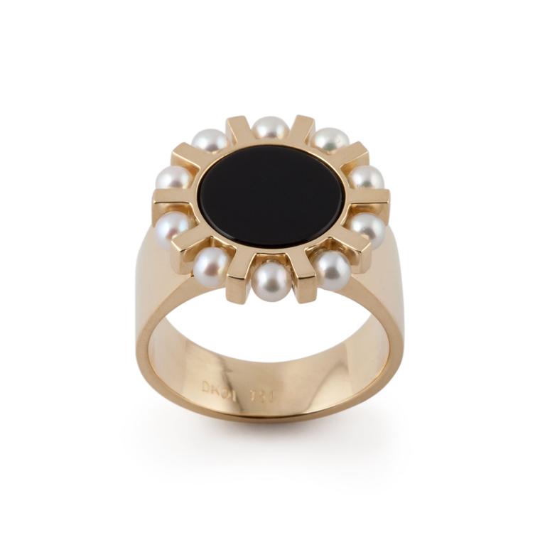 Dina Kamal yellow gold, onyx and pearl ring