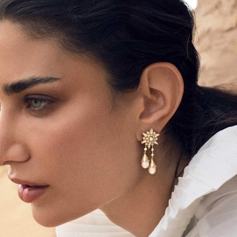 Star Drop earrings on model with pearls Azza Fahmy Jewellery Wonders of Nature: Reimagined