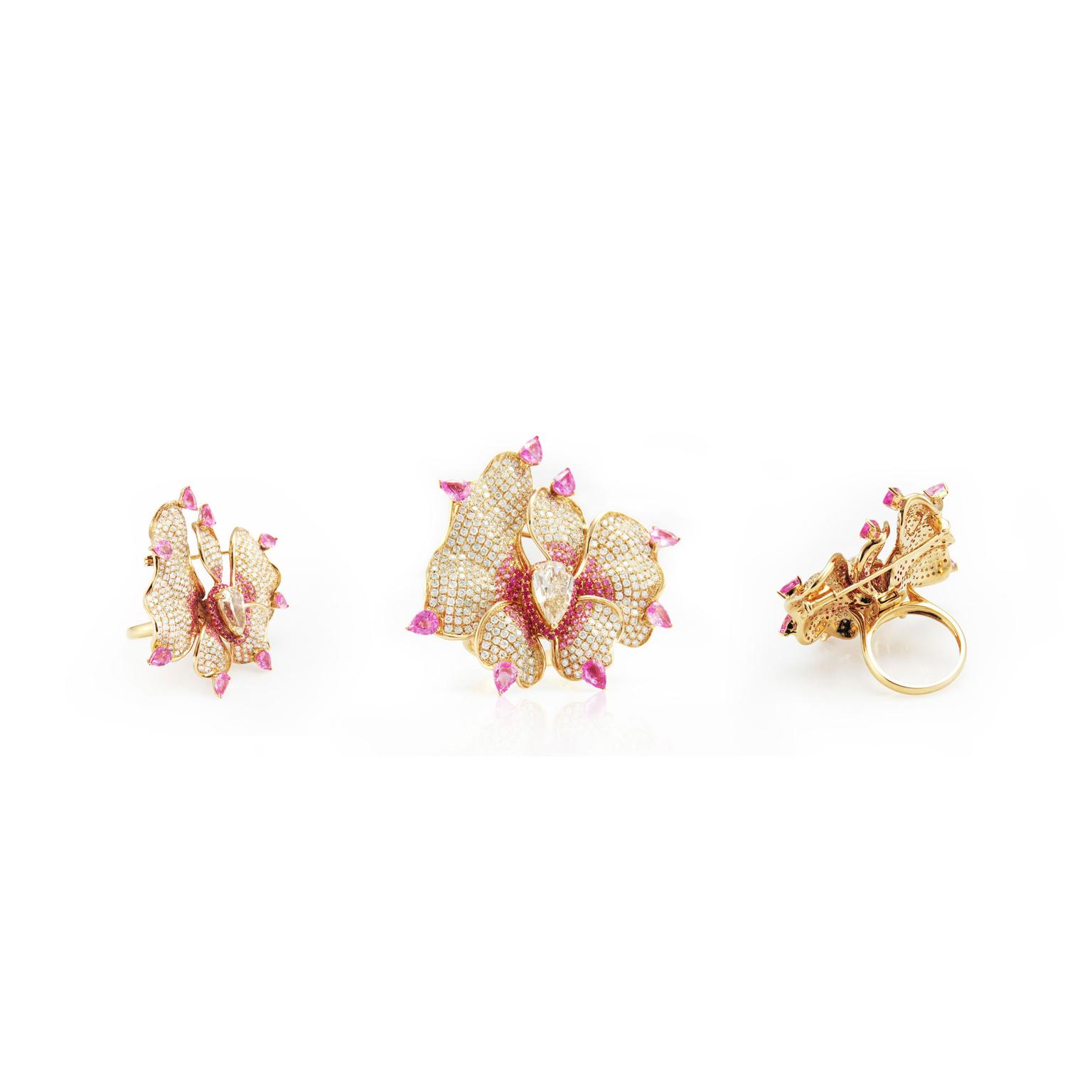 Fei Liu jewellery Orchid Flower ring brooch group