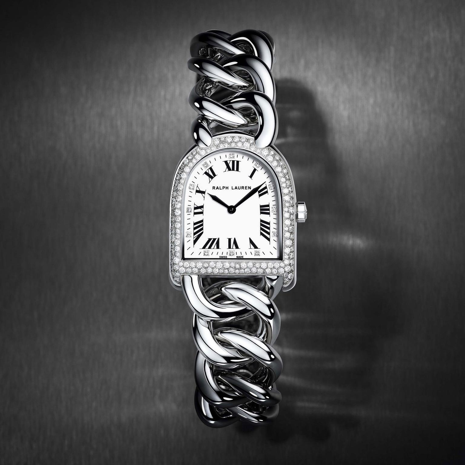 Ralph Lauren's Petite Link Stirrup watch with diamond bezel