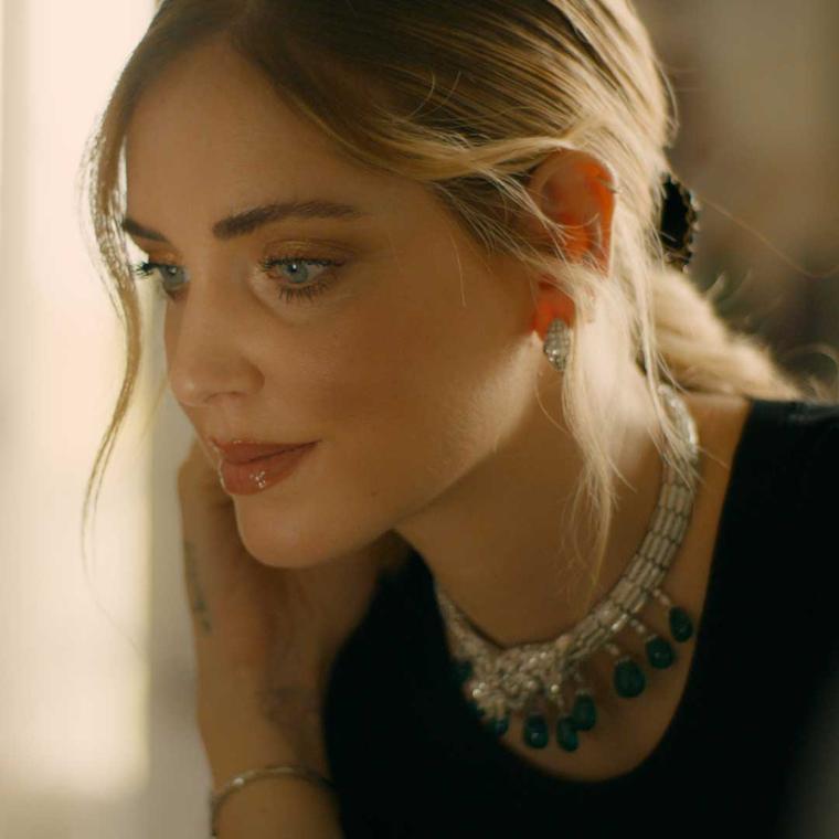 Chiara Ferragni wearing Bulgari emerald and diamond high jewellery necklace