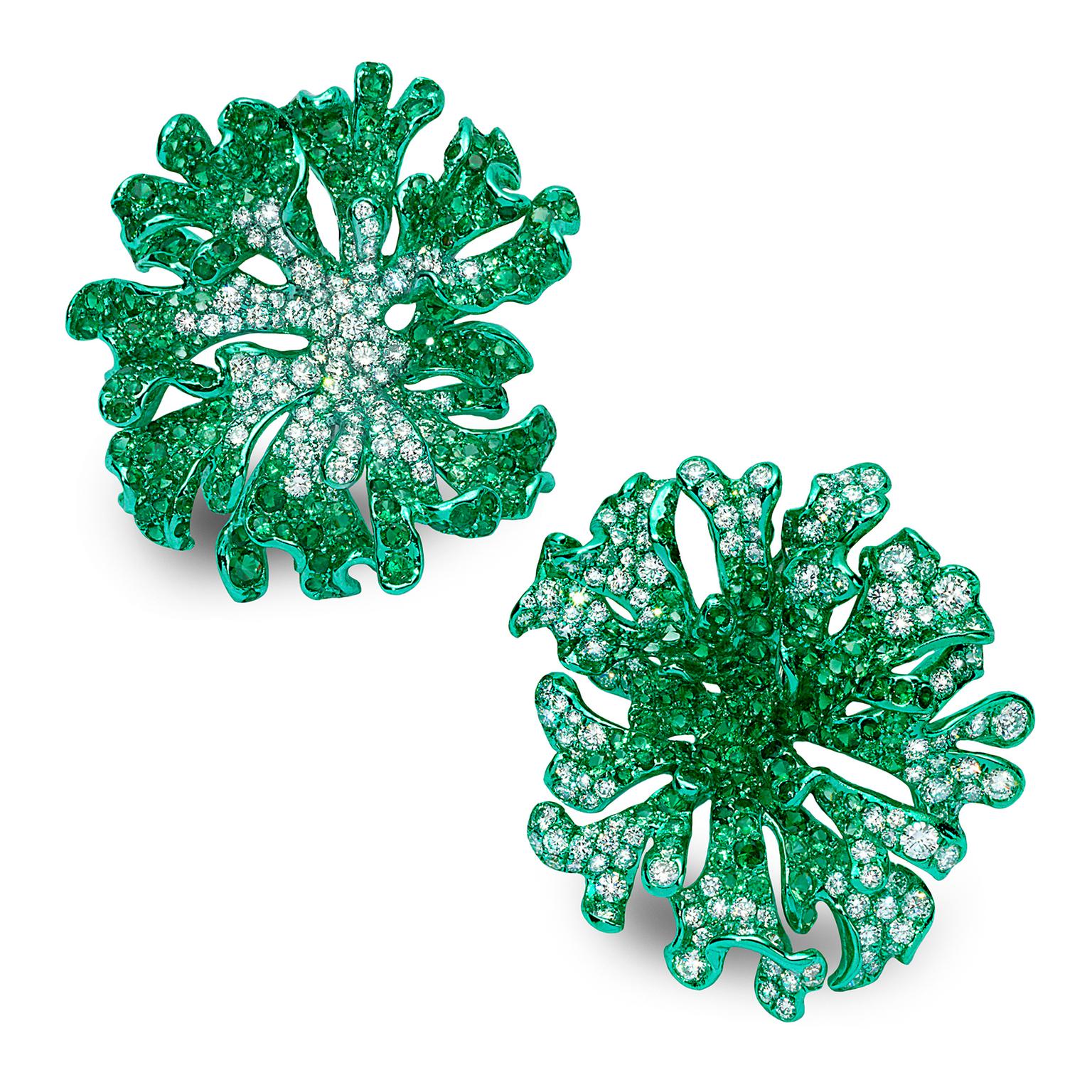 Neha Dani one of a kind custom green rhodium finished Jolene earrings in 18ct gold with diamonds and tsavorites