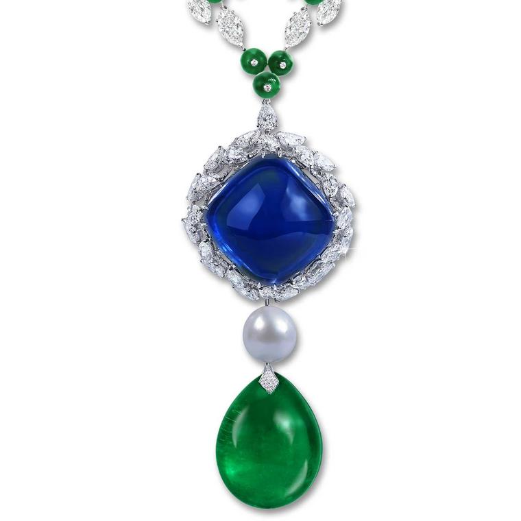 Moussaieff 180.86 carat sapphire and 144.5 carat emerald and natural pearl necklace