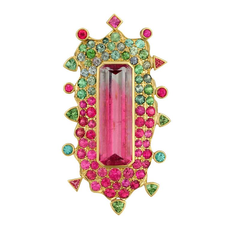 Paula Crevoshay California Dreaming bi-color tourmaline brooch