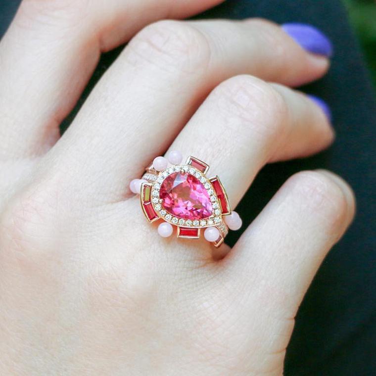 Sarah Ho Wisteria rubellite ring on finger