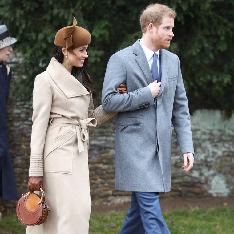 Meghan Markle with Prince Harry wears Birks Snowflake round diamond jacket earrings on Christmas day Price £5250 Getty Image