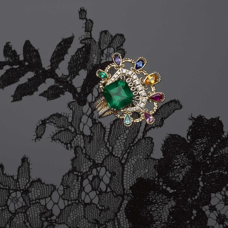 Dior Dior Dior Dentelle Satin Emeraude ring with diamonds, emeralds, sapphires, ruby and Paraiba tourmaline by Dior Joaillerie Photo by Brigitte Niedermair