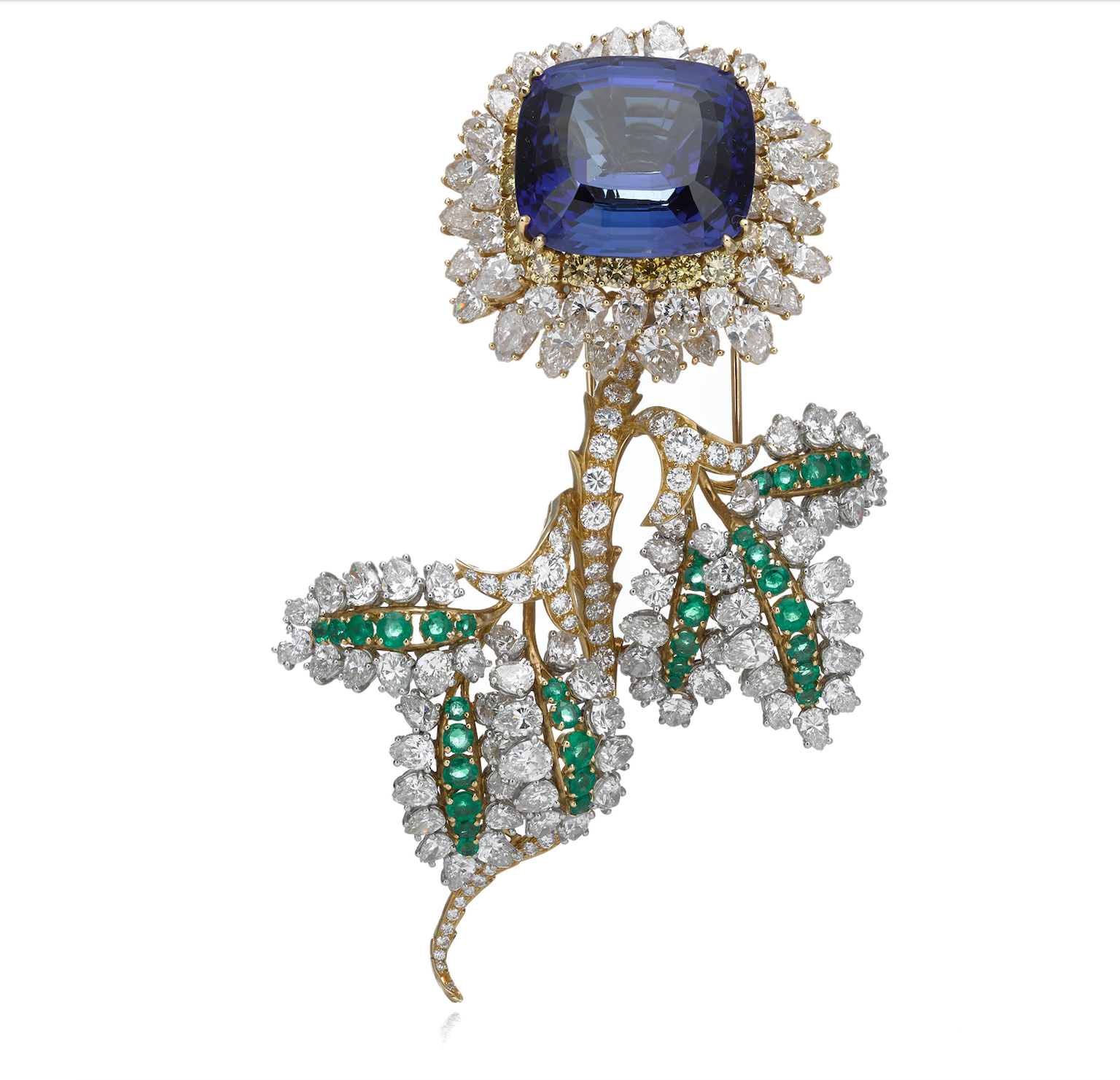 Donald Claflin for Tiffany & Co brooch with tanzanite, emeralds, and diamonds, 1968