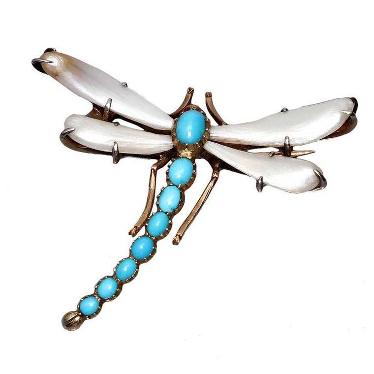 J. Baptista dragonfly brooch in gold, baroque pearls, rubies and turquoises