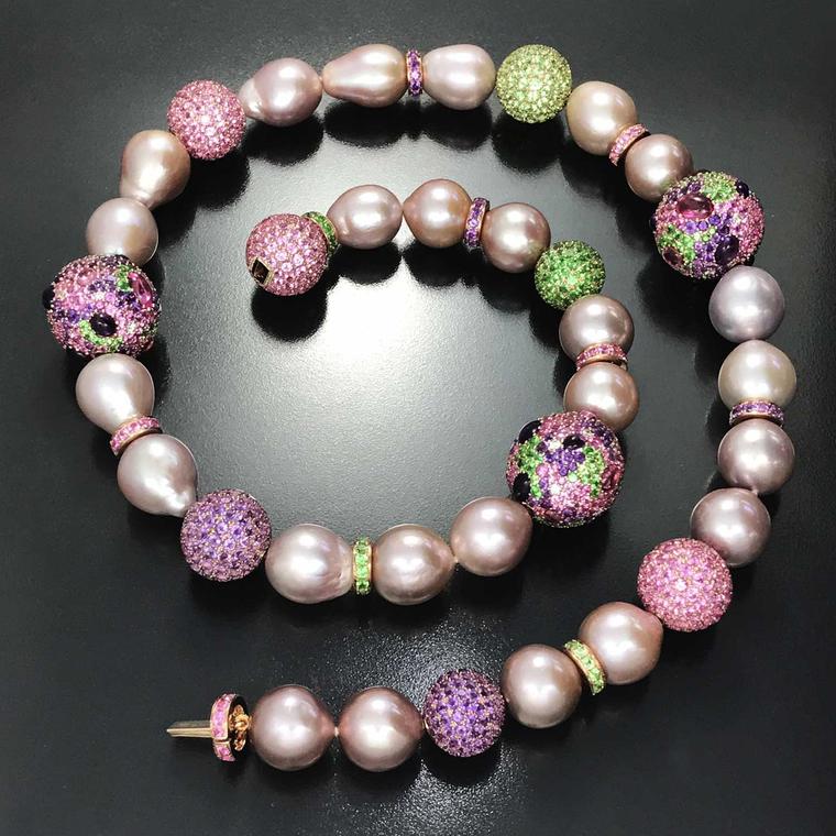 Margot McKinney natural pink pearl strand with multi-colour gemstone planets and gemstone rondelles
