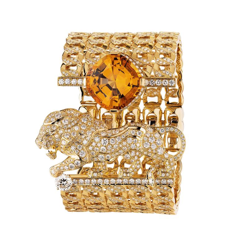 An orange topaz beams out from Chanel’s ‘Passionate’ bracelet featuring a diamond-set lion and a cuff made up of four rows of rigid gold links from the new L’Esprit du Lion high jewellery collection. 