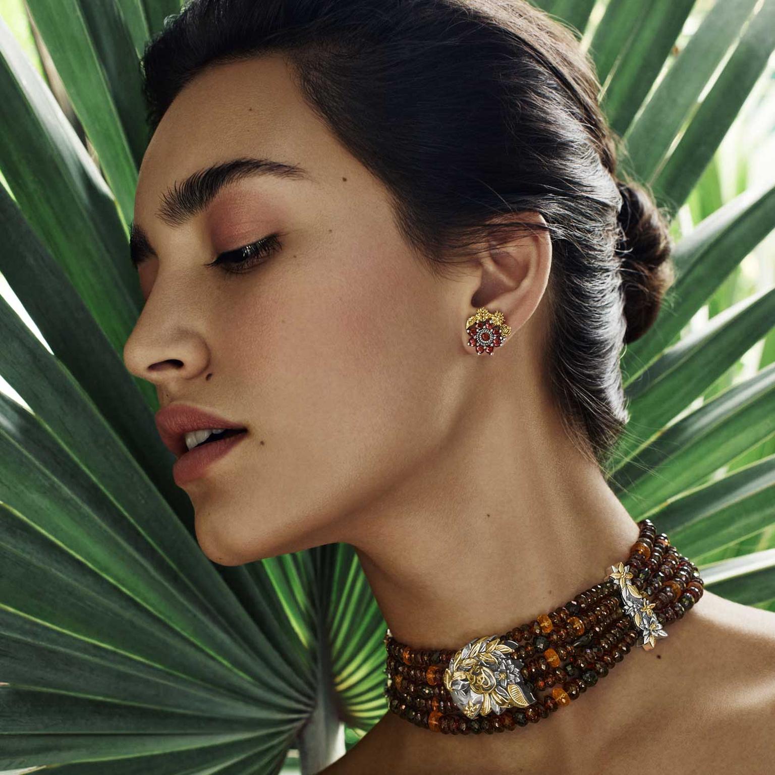 Azza Fahmy Jewellery Beaded Floral Choker and Mismatched Floral earrings on model