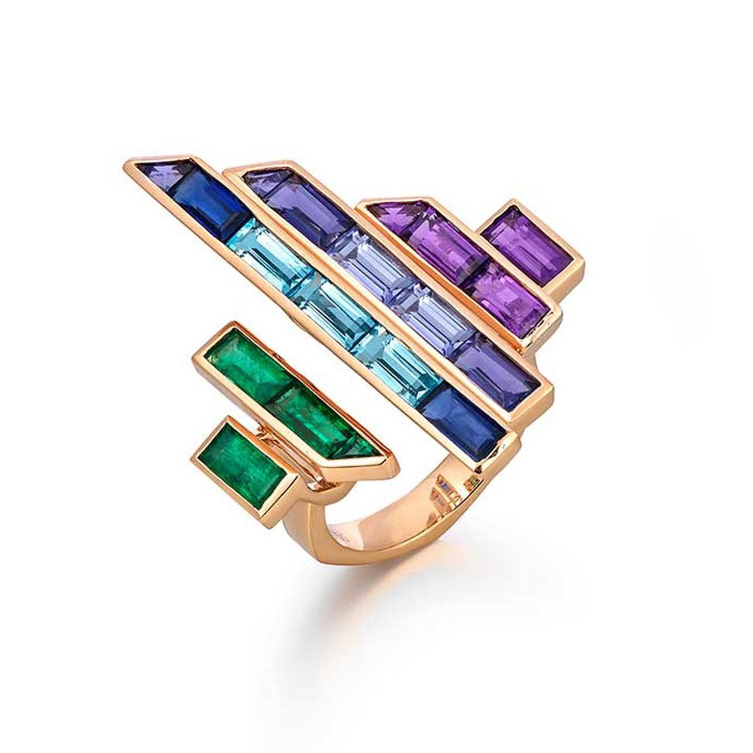 Tomasz Donocik Electric Night Disc ring in rose gold with coloured gemstones