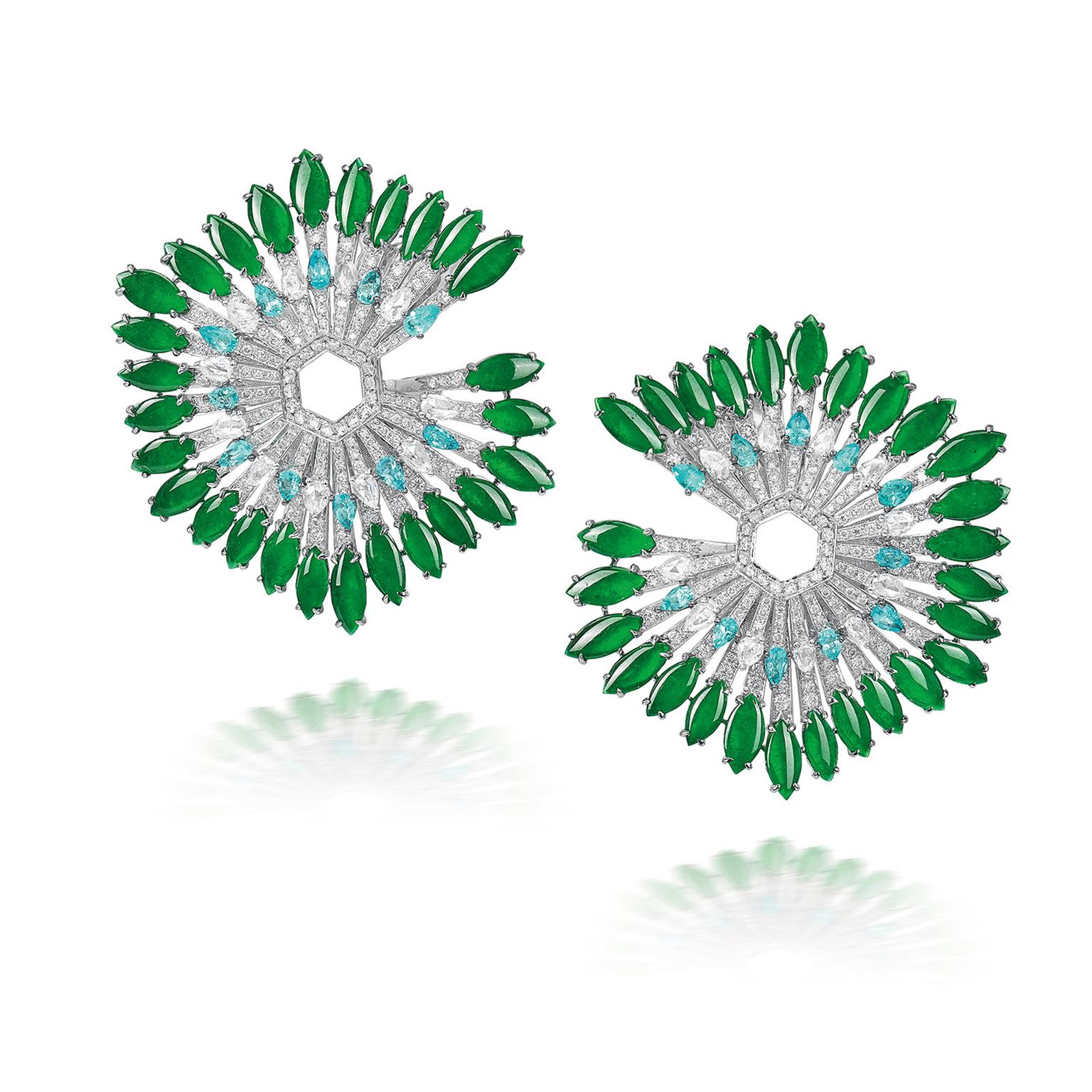 Lot 570 - Jadeite and Paraiba tourmaline earrings by Karen Suen- Phillips Auction 5 June 2021