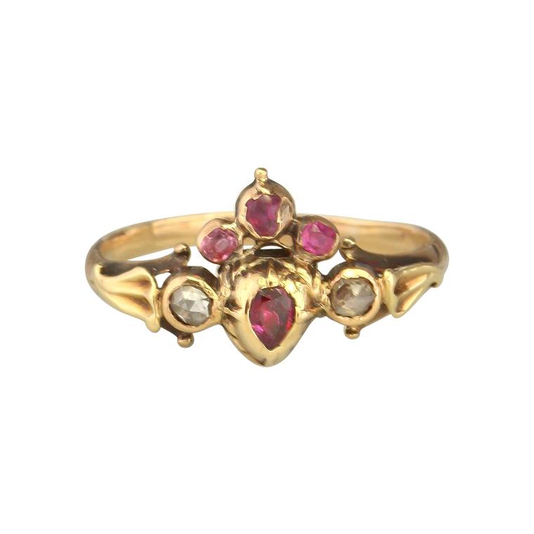 Antique Velvet Gloves crowned gold ruby and diamond heart ring